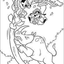 Mickey Mouse, Donald Duck, Goofy Goof and the rhinoceros - Coloring page - DISNEY coloring pages - Mickey Mouse coloring pages