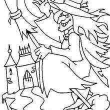 Flying halloween witch coloring page - Coloring page - HOLIDAY coloring pages - HALLOWEEN coloring pages - HALLOWEEN WITCH coloring pages - WITCH ON BROOMSTICK coloring pages
