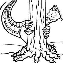 Dinosaurier versteckt sich hinter dem Baum zum Ausmalen