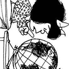 Mafalda mit Globus zum Ausmalen