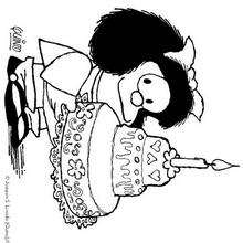 Mafalda mit Geburtstagskuchen zum Ausmalen
