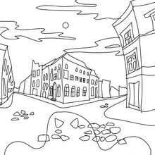 Haunted houses in the city coloring page - Coloring page - HOLIDAY coloring pages - HALLOWEEN coloring pages - HAUNTED CASTLE coloring pages