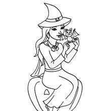 Happy hallowen witch and bat coloring page - Coloring page - HOLIDAY coloring pages - HALLOWEEN coloring pages - HALLOWEEN CHARACTER coloring pages