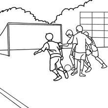 Kids playing soccer in the school yard coloring page - Coloring page - SCHOOL coloring pages - SCHOOL YARD coloring pages