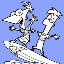 Phinéas, Ferb und Candace auf einem Surfbrett